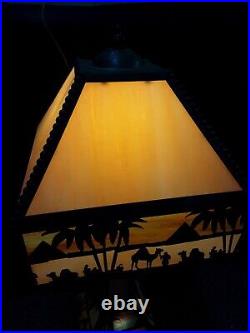 VTG 27 LAMP Prairie Style SLAG Glass Egypt Revival, METAL Overlay Stained Glass