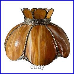 VTG 8 Panel Amber Tulip Slag Stained Glass Hanging Swag Ceiling Lamp Shade