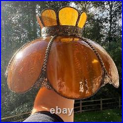 VTG 8 Panel Amber Tulip Slag Stained Glass Hanging Swag Ceiling Lamp Shade