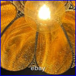 VTG 8 Panel Amber Tulip Slag Stained Glass Hanging Swag Ceiling Lamp Shade