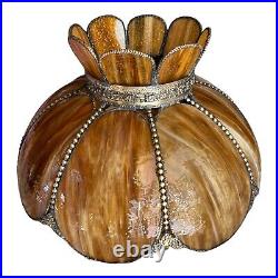 VTG 8 Panel Amber Tulip Slag Stained Glass Hanging Swag Ceiling Lamp Shade