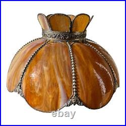 VTG 8 Panel Amber Tulip Slag Stained Glass Hanging Swag Ceiling Lamp Shade