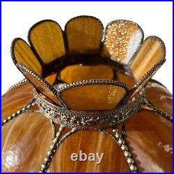 VTG 8 Panel Amber Tulip Slag Stained Glass Hanging Swag Ceiling Lamp Shade