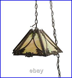 VTG Antique Arts & Crafts Era Hanging 6-Panel Slag Glass Lamp 8X16