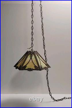 VTG Antique Arts & Crafts Era Hanging 6-Panel Slag Glass Lamp 8X16