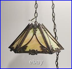 VTG Antique Arts & Crafts Era Hanging 6-Panel Slag Glass Lamp 8X16