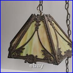 VTG Antique Arts & Crafts Era Hanging 6-Panel Slag Glass Lamp 8X16
