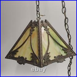 VTG Antique Arts & Crafts Era Hanging 6-Panel Slag Glass Lamp 8X16