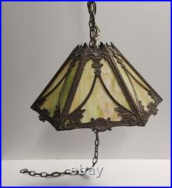 VTG Antique Arts & Crafts Era Hanging 6-Panel Slag Glass Lamp 8X16