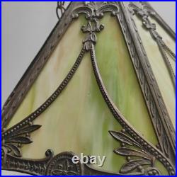 VTG Antique Arts & Crafts Era Hanging 6-Panel Slag Glass Lamp 8X16