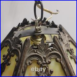 VTG Antique Arts & Crafts Era Hanging 6-Panel Slag Glass Lamp 8X16