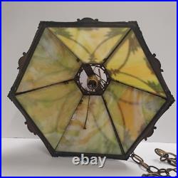 VTG Antique Arts & Crafts Era Hanging 6-Panel Slag Glass Lamp 8X16