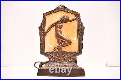 VTG Art Deco Boudoir Table lamp Slag Glass shade Nude Woman Lady Dancer Figural