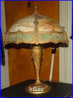 VTG Art Deco Table Lamp Antique Slag Glass Lamp with Matching Shade Gold Finish