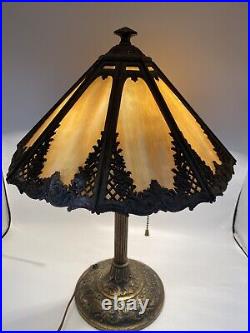 VTG BRADLEY & HUBBARD SIGNED ARTS & CRAFTS TABLE LAMP With 8 PANEL SLAG SHADE /ro