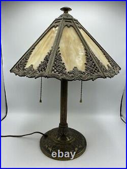 VTG BRADLEY & HUBBARD SIGNED ARTS & CRAFTS TABLE LAMP With 8 PANEL SLAG SHADE /ro