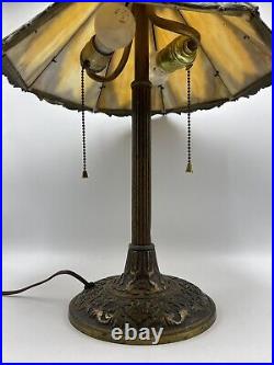 VTG BRADLEY & HUBBARD SIGNED ARTS & CRAFTS TABLE LAMP With 8 PANEL SLAG SHADE /ro