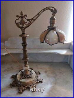 VTG Bridge Arm Table Lamp with Antique Bent Curved Cream Beige Slag Glass Shade