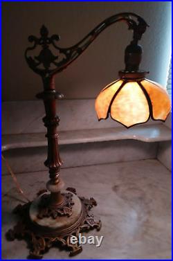 VTG Bridge Arm Table Lamp with Antique Bent Curved Cream Beige Slag Glass Shade