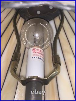 VTG Green Leaves Stained Slag Glass Lamp Shade Scalloped 24.5T Lamp Metal Base