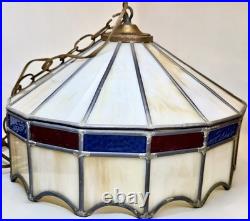 VTG Stained Glass Leaded Swag Lamp Slag Glass With Blue & Red Accents 17