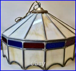 VTG Stained Glass Leaded Swag Lamp Slag Glass With Blue & Red Accents 17 VTG Stained Glass Leaded Swag Lamp Slag Glass With Blue & Red Accents 17