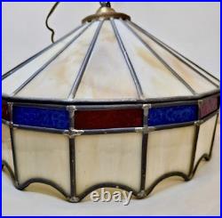 VTG Stained Glass Leaded Swag Lamp Slag Glass With Blue & Red Accents 17