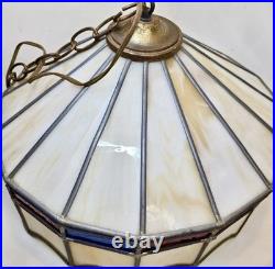 VTG Stained Glass Leaded Swag Lamp Slag Glass With Blue & Red Accents 17