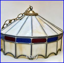 VTG Stained Glass Leaded Swag Lamp Slag Glass With Blue & Red Accents 17
