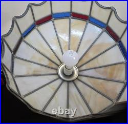 VTG Stained Glass Leaded Swag Lamp Slag Glass With Blue & Red Accents 17