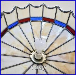 VTG Stained Glass Leaded Swag Lamp Slag Glass With Blue & Red Accents 17