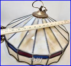 VTG Stained Glass Leaded Swag Lamp Slag Glass With Blue & Red Accents 17