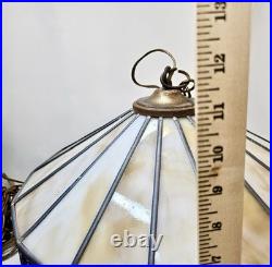 VTG Stained Glass Leaded Swag Lamp Slag Glass With Blue & Red Accents 17