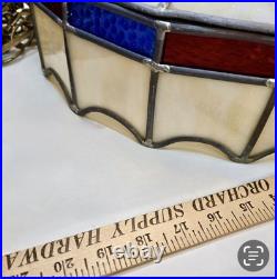 VTG Stained Glass Leaded Swag Lamp Slag Glass With Blue & Red Accents 17