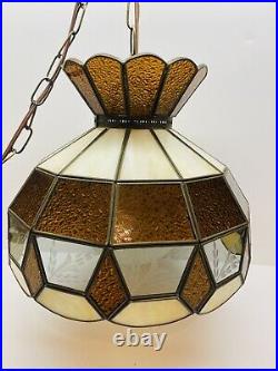 VTG Stained Slag Glass Hanging Swag Lamp With Etched Clear Glass Side Panels