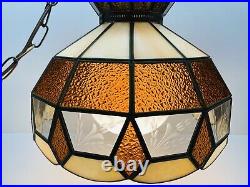 VTG Stained Slag Glass Hanging Swag Lamp With Etched Clear Glass Side Panels