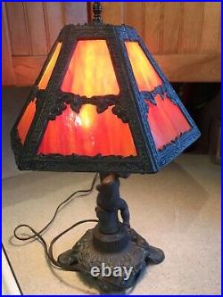 VTG Tiffany Style Lead & Slag Orange Glass Table Lamp Cherub
