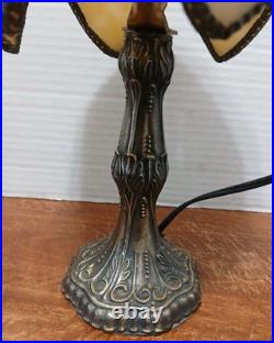 VTG Tulip Edwardian-Style Accent Lamp Bronze Base 6 Panel Caramel Slag Shade