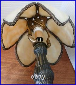 VTG Tulip Edwardian-Style Accent Lamp Bronze Base 6 Panel Caramel Slag Shade