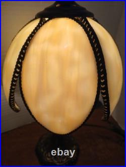 VTG Tulip Edwardian-Style Accent Lamp Bronze Base 6 Panel Caramel Slag Shade VTG Tulip Edwardian-Style Accent Lamp Bronze Base 6 Panel Caramel Slag Shade