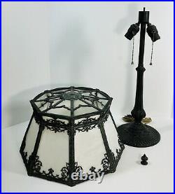 VTG Victorian Style Cast Iron & Slag Milk Glass Table Lamp Octagon Shade