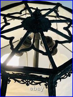 VTG Victorian Style Cast Iron & Slag Milk Glass Table Lamp Octagon Shade