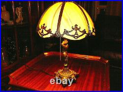Very Rare, Superb Vtg Art Nouveau Tiffany Style Table Lamp w SlagGlass &Filigree
