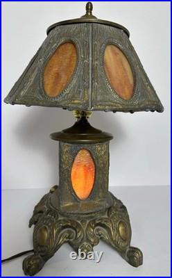 Victorian Slag Glass Table Lamp with Night Light 17 Heavy Spelter Metal Antique