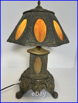 Victorian Slag Glass Table Lamp with Night Light 17 Heavy Spelter Metal Antique