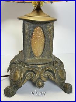 Victorian Slag Glass Table Lamp with Night Light 17 Heavy Spelter Metal Antique