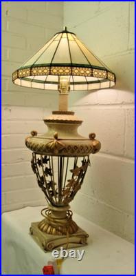 Victorian-era slag glass table lamp with a decorative metal base 1910