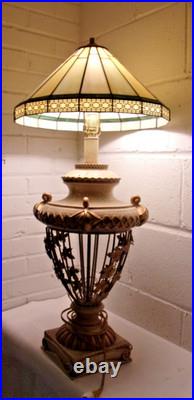 Victorian-era slag glass table lamp with a decorative metal base 1910