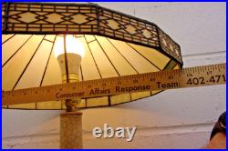 Victorian-era slag glass table lamp with a decorative metal base 1910