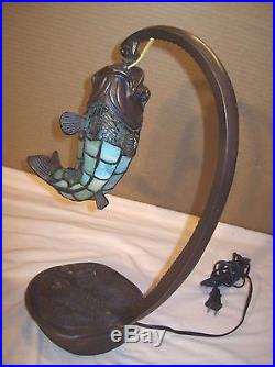 VintageKOI FISH SLAG GLASS BRONZE FINISH DECORATIVE TABLE LAMP withSTINGRAY BASE